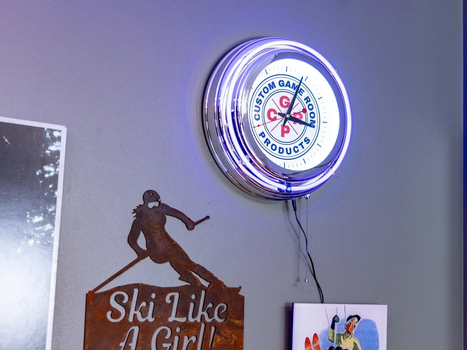 Custom neon clock in a game room